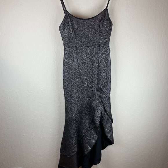 ~ Hutch Gown 6 Dress Metallic Pewter Silver Asymmetrical Ruffle Slit Formal Prom - Picture 3 of 15